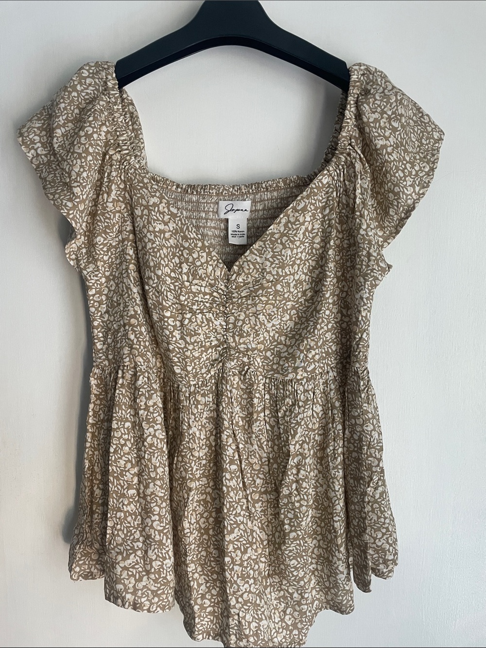 Japna Khaki and White Floral Peasant Blouse Small
